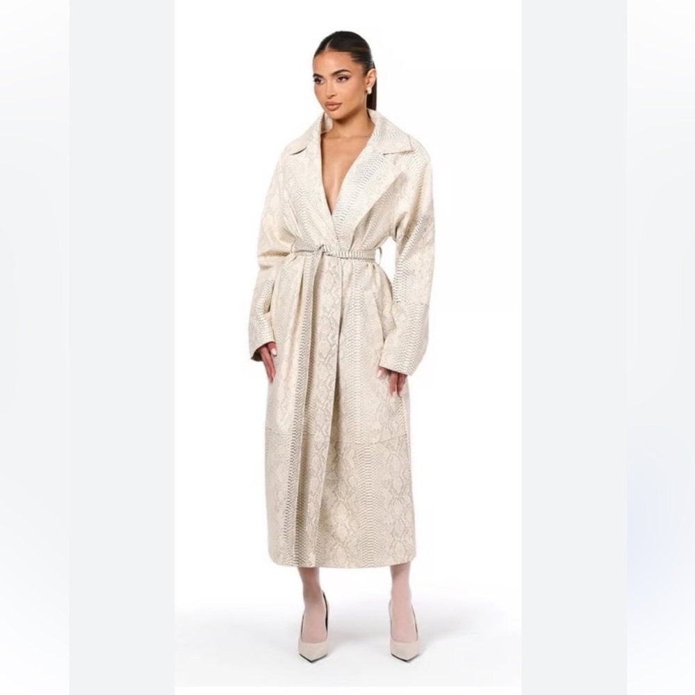 🤍 Naked Wardrobe Cream Snakeskin Cocoon Trench Coat Maxi Jacket Large Snake